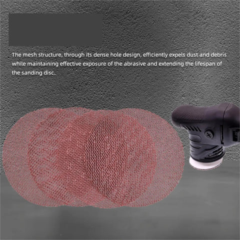 Heavy Duty 1 Inch 25mm Mesh Hook Loop Sanding Discs with super fine to rough grits displayed with rotary tool on gray background.