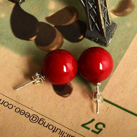Red Shell Bead 12mm Silver Tone Classic Round Ball Stud Earrings For Women Dope Everyday Jewelry Gift Box Ready 925 Silver Post Versatile Accessory For Work Or Parties Simple Yet Stylish. Red 12mm shell bead ball stud earrings with 925 silver posts