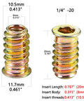 One Quarter Inch Twenty Threaded Wood Inserts Kit for Furniture Repair showing insert dimensions and details.