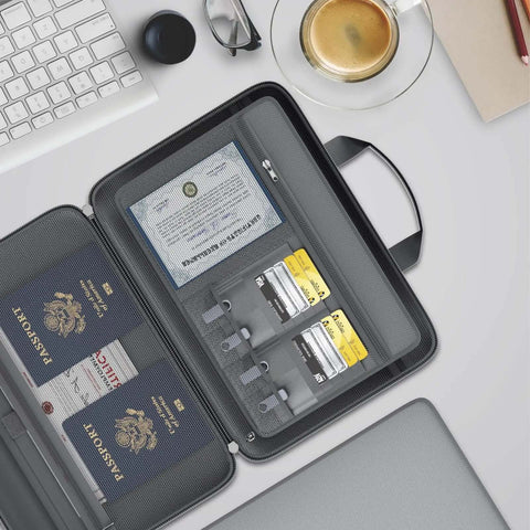 Heavy Duty Tough As Nails Fireproof Document Box With Secure Lock And Waterproof Hardcase accordion design, displaying passports and documents.