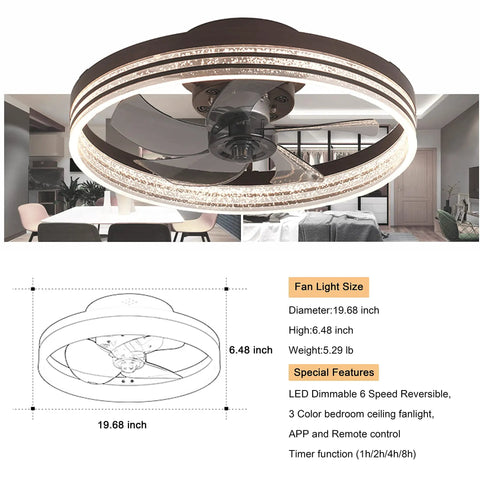 Smart Low Profile Bladeless Ceiling Fan With Lights 19.7 Inch Flush Mount Dimmable Three Color Temperature LED App Or Remote Control Quiet Operation For Bedroom And Living Room Brown Finish