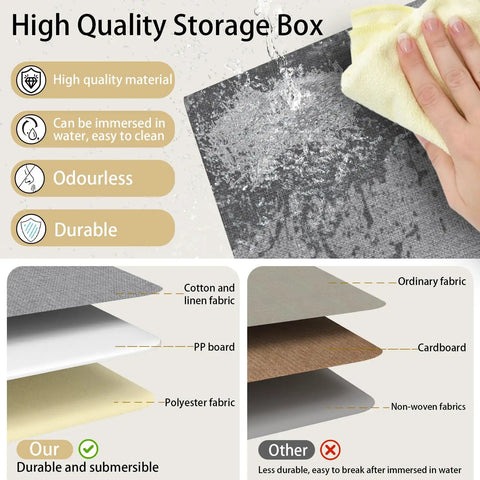 Close-up of Washable Foldable Canvas Storage Bins for Shelves showing water-resistant material comparison and durability details.