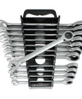 24 Piece Inch And Metric Ratcheting Wrench Set With Quick Access Organizer in black case, chrome finish, SAE and metric sizes visible