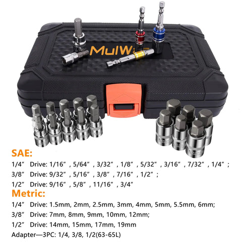 37 Piece Metric and SAE Socket Set for Automotive, Bike, Motorcycle and ATV Repairs with three eighths, quarter, and half inch drives