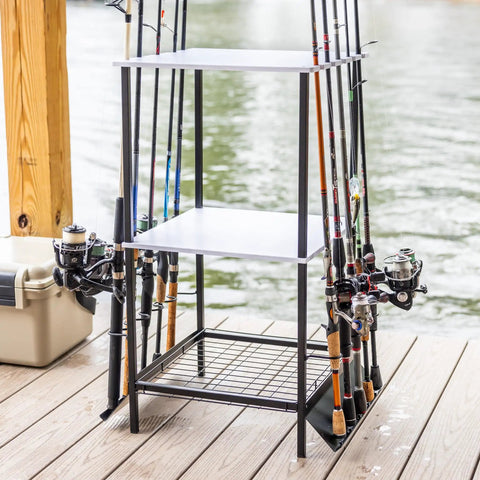 Garage Fishing Pole Organizer That Holds Ten Rods, Reels, Tackle Box, And Gear With Built In Shelves shown on a dock