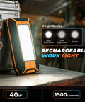 Two Pack LED Rechargeable Magnetic Work Light With 1500 Lumens, Three Modes, USB C Charging on a workbench in a garage