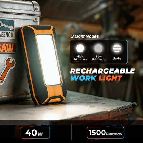 Two Pack LED Rechargeable Magnetic Work Light With 1500 Lumens, Three Modes, USB C Charging on a workbench in a garage