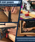 Tall Stair Gauges For Framing Square With Holder And Carabiner Pro Grade Metal Stair Stringer Layout Tool in use with carpentry tools