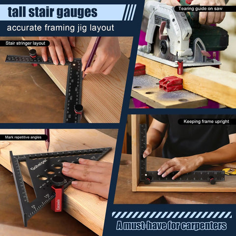 Tall Stair Gauges For Framing Square With Holder And Carabiner Pro Grade Metal Stair Stringer Layout Tool in use with carpentry tools