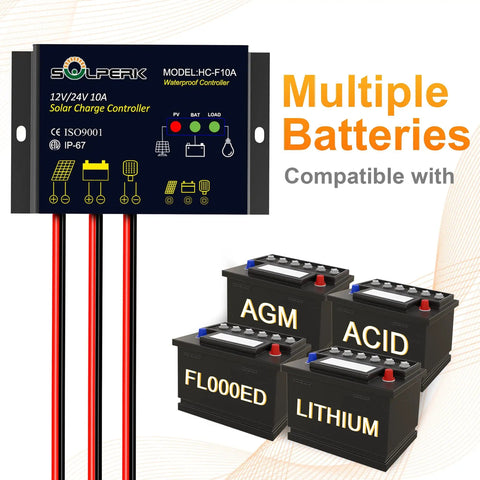 Off Grid Ready 10A Solar Charge Controller compatible with AGM, acid, flooded, and lithium batteries, IP67 waterproof.