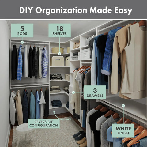 Slick Corner Wood Closet Organizer Kit In White With Smooth Vinyl Hardware Flexible Configurations For Tight Spaces And No Sweat Diy Install Perfect For Gotta Get Organized Storage Setups