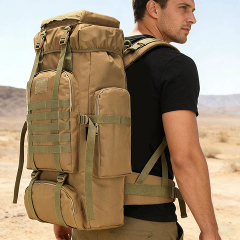 Man wearing Beefy 70 Liter And 100 Liter Hiking Backpack For Men, Military Style Rucksack With Molle System, outdoors in desert