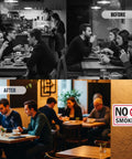 Before and after cafe scene with No Smoking Sign 10 By 14 Inch Aluminum Sign With Screen Printed Symbol 40 Mil Laminated Rustproof Aluminum For Indoor Outdoor Use Made In USA Easy Mount With Corner Holes visible.