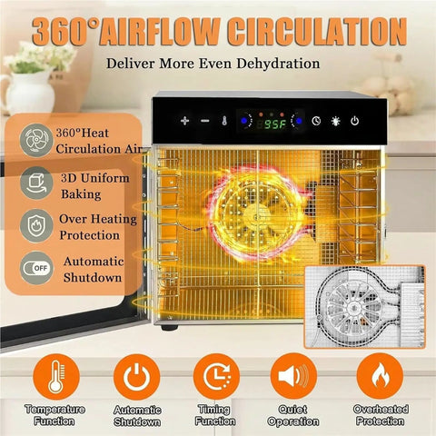 Top Shelf Electric Food Dehydrator Delivering Hella Steady Airflow For Smooth Jerky Fruit Vegetable Herb Drying And Long Lasting Storage With Massive Stainless Steel Trays showing 360° airflow and control panel.
