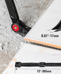 Heavy Duty 18 Inch Extendable Pry Bar Featuring Adjustable Indexing Leverage For Stubborn Tire Beads Quick Rim Cleaning Crafted From CRV Steel With Sure Grip For Every Auto Shop Grind, showing details on rubber bead breaking.