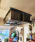 Installed Heavy Duty Ceiling Garage Storage Rack With 17 Inch Adjustable Overhead Tote Rail System Modular 6 Bracket Sets For 5 Storage Bins