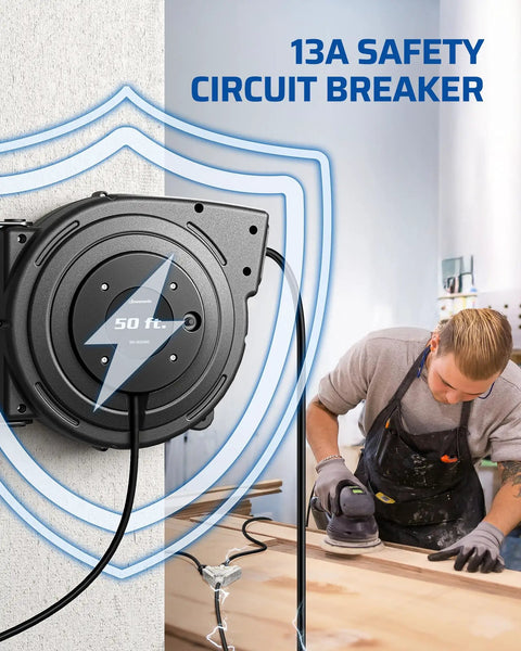 Heavy Duty 50 Foot Retractable Extension Cord Reel Rock Solid Sjtow Cables with 13A circuit breaker mounted in workspace.