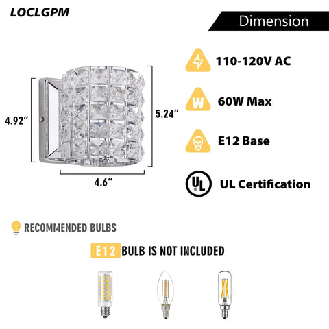 Crystal Wall Sconce Set of Two Modern Chrome Finish Wall Lamps with Crystal Accents for a Slick Vibe 1 Light for Living Room Bedroom Powder Room TV Wall Decor dimensions and specifications chart
