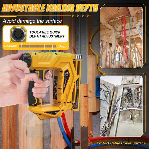 Cordless 3 In 1 Brad Nailer And Narrow Crown Stapler Compatible With Dewalt 20V Battery Platform showcasing adjustable nailing depth settings.