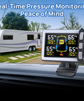 RV Tire Pressure Monitoring System TPMS Sensors Kit Set of 4 For Travel Trailers And Motorhomes, Wireless Tire Monitoring, Real Time Alerts, Easy Install, Durable, Keeps Your Wheels Safe On The Road. Wireless LCD monitor in RV dashboard