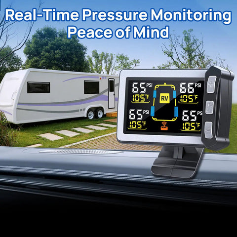 RV Tire Pressure Monitoring System TPMS Sensors Kit Set of 4 For Travel Trailers And Motorhomes, Wireless Tire Monitoring, Real Time Alerts, Easy Install, Durable, Keeps Your Wheels Safe On The Road. Wireless LCD monitor in RV dashboard