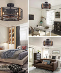 Collage of 17 Inch Farmhouse Ceiling Fan With Lights Cage Style Bladeless Look in living room, bedroom, and kitchen settings.