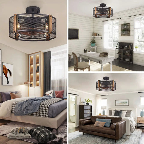 Collage of 17 Inch Farmhouse Ceiling Fan With Lights Cage Style Bladeless Look in living room, bedroom, and kitchen settings.