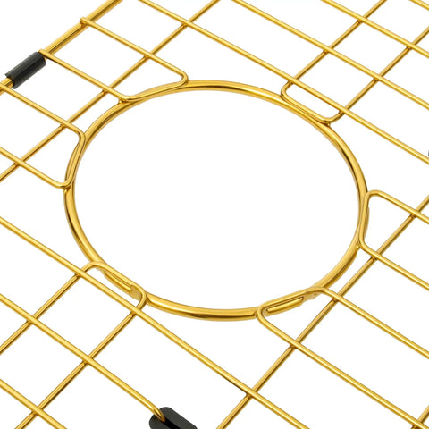 Heavy Duty 26 Inch By 14 Inch Stainless Steel Kitchen Sink Grid Protector With Rear Drain For Single Bowl Golden Finish closeup