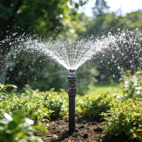 Sprinkler system in garden using Pack Of Ten Double Male Pipe Thread Riser Adapters For Drip Irrigation Half Inch To Half Inch MNPT Garden