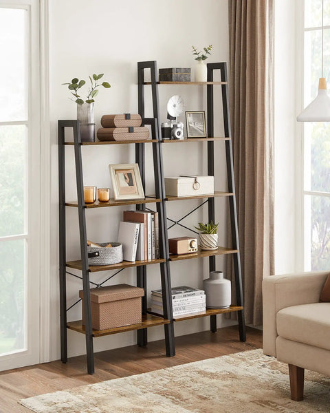 4-Tier Ladder Shelf Storage Rack With Steel Frame Bookcase For Living Room Home Office Kitchen Bedroom Industrial Rustic Brown And Ink Black Finish Perfect For Stacking Books Decor And Gear In Tight Spaces ULLS44X in living room setting