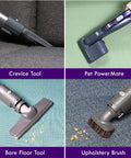 Heavy Duty Bagged Canister Vacuum Engineered To Handle Every Mess On Hardwood And Carpet Includes Swivel Head For Easy Navigation And Rock Solid Suction That Sweeps Up Pet Hair Without Breaking A Sweat Ideal For Any Home Or Car Detailing Jobs showing crevice tool, pet PowerMate, bare floor tool, and upholstery brush.