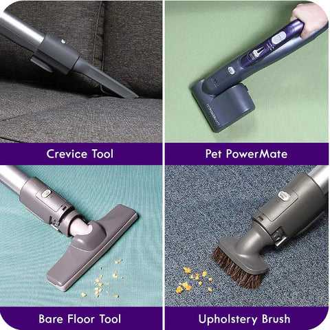 Heavy Duty Bagged Canister Vacuum Engineered To Handle Every Mess On Hardwood And Carpet Includes Swivel Head For Easy Navigation And Rock Solid Suction That Sweeps Up Pet Hair Without Breaking A Sweat Ideal For Any Home Or Car Detailing Jobs showing crevice tool, pet PowerMate, bare floor tool, and upholstery brush.