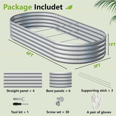 Package contents of 2-Pack 6x3x1ft Galvanized Metal Raised Garden Bed Kit for Outdoor Planter Box Vegetables Herbs Flowers Fruits Durable