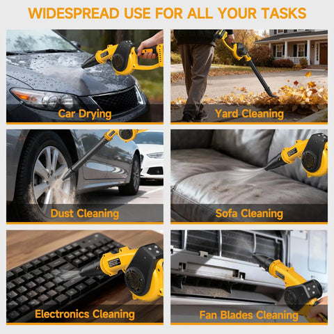 Collage showing Cordless Leaf Blower With Dual Batteries And Fast Charger 210 MPH Beast used for car, yard, sofa, and more cleaning