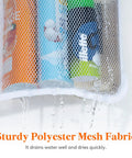 Close-up of Cruise Essentials Hanging Shower Caddy with 7 Pockets showing mesh material and quick-drain feature.