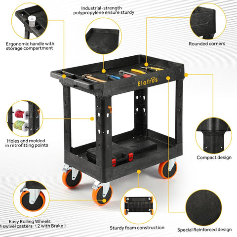 Heavy Duty Plastic Utility Cart 34 By 17 Inches With Deep Shelves And Full Swivel 6 Inch Casters Tough Polypropylene Service Cart Holds Up To 550 Lbs