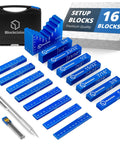 Pro Grade Aluminum Setup Blocks For Woodworking Speed Up Your Setup With Height Gauge Blocks, Easy Block, Precision Ruler Marked Bars And Case, Router And Table Saw Setup Blocks, 16 Block Kit displayed with case and pen