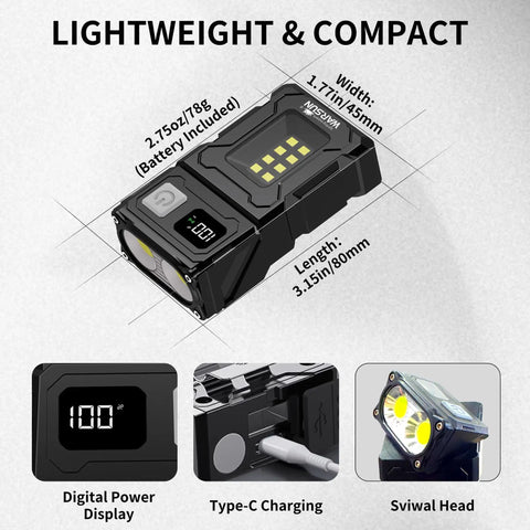 Rechargeable EDC Flashlight With Rotating Head, 800 Lumen Compact Magnetic Clip Light, USB-C Portable Mini Light dimensions