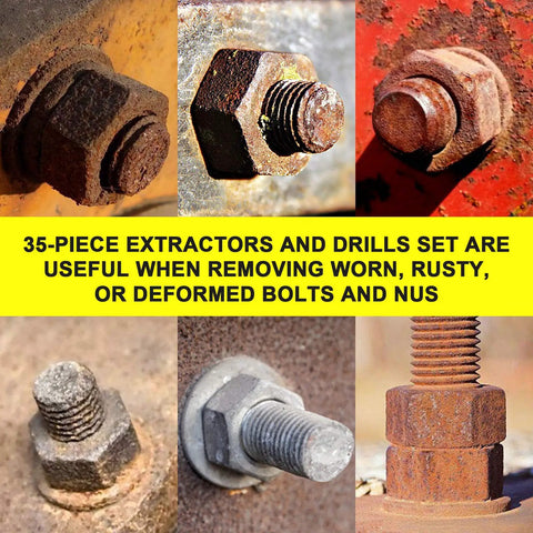 35 Piece Screw Extractor Set With Left Hand Drill Bits and Multi Spline Extractors for Removing Broken Bolts and Stripped Screws, Easy Out Kit For Quick Repairs shown with rusty bolts.