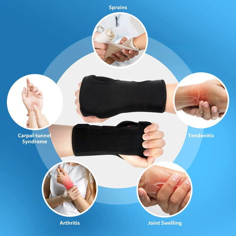 Copper Infused Adjustable Wrist Support Splint For Carpal Tunnel Relief Fits Both Hands shown with health benefits chart.