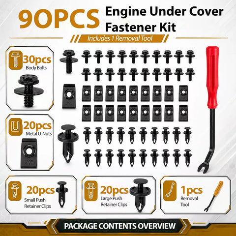 Straight Up Heavy Duty 90 Piece Auto Fastener Kit With Removal Tool includes body bolts, metal U-nuts, and retainer clips.