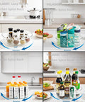 4 Pack Lazy Susan Turntable Organizer Rotating Spice Rack And Cabinet Storage with spices, bottles, and kitchen items displayed.
