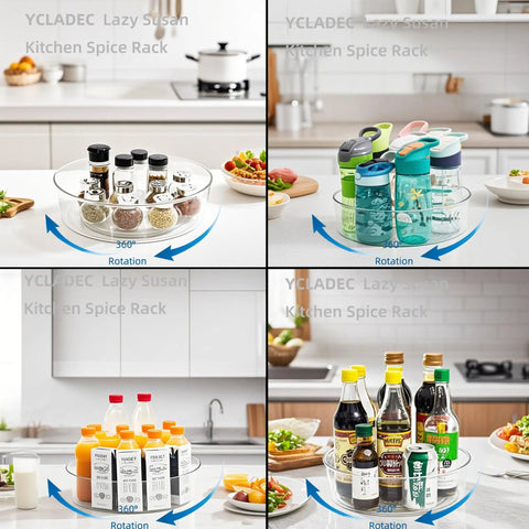4 Pack Lazy Susan Turntable Organizer Rotating Spice Rack And Cabinet Storage with spices, bottles, and kitchen items displayed.