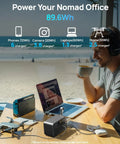 Person using Portable Power Station 89.6Wh LiFePO4 Battery with solar ready 100W AC outlets and USB C PD by the beach.