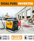 Beast 2700 Watt Dual Fuel Inverter Generator with gasoline or propane at job site, CO sensor nearby, compact portable power