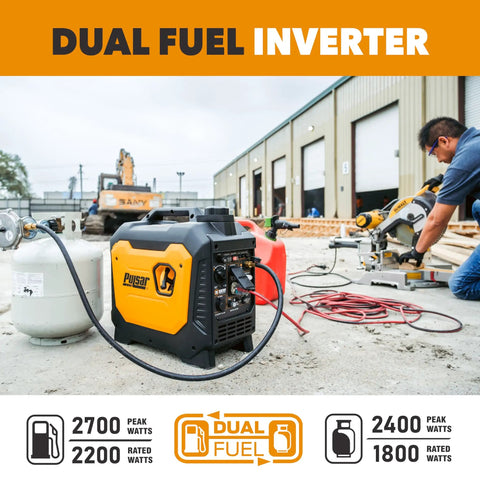 Beast 2700 Watt Dual Fuel Inverter Generator with gasoline or propane at job site, CO sensor nearby, compact portable power