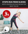 Woman stretching, showcasing Rug Corner Grippers Four Pack That Keeps Rugs Flat And In Place, No More Curling, Reusable Carpet Grip Pads.