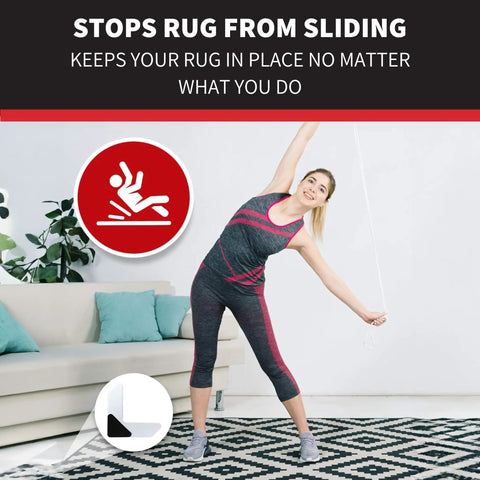 Woman stretching, showcasing Rug Corner Grippers Four Pack That Keeps Rugs Flat And In Place, No More Curling, Reusable Carpet Grip Pads.