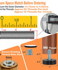 Measurement guide for 24 Pack M6 Thread Adjustable Furniture Levelers with Self Adhesive Felt Pads, highlighting thread size and compatibility.