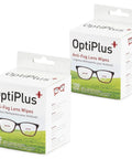 OptiPlus Anti-Fog Lens Wipes, front and side view boxes, two-pack of 100-count, pre-moistened wipes